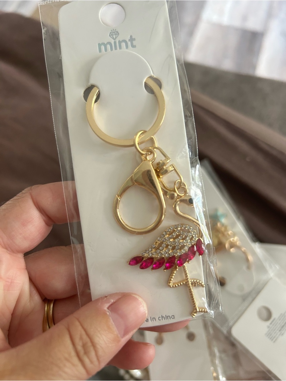 4/$50 Mint Gold Flamingo Keychain with Pink Crystal Accents